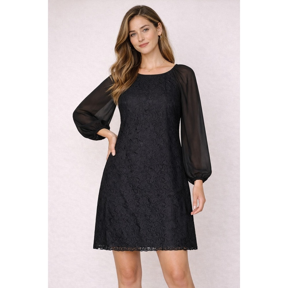 Adriana Papell Dress Lace Overlay Sz 12 Black Sheer Sleeves Cocktail Dark Fairy